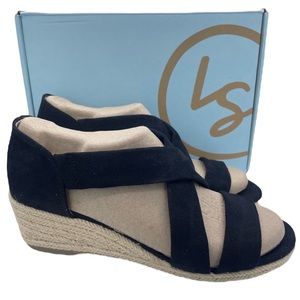 Life Stride suede wedge espadrille black sandals slip ons women Size 8 1/2M